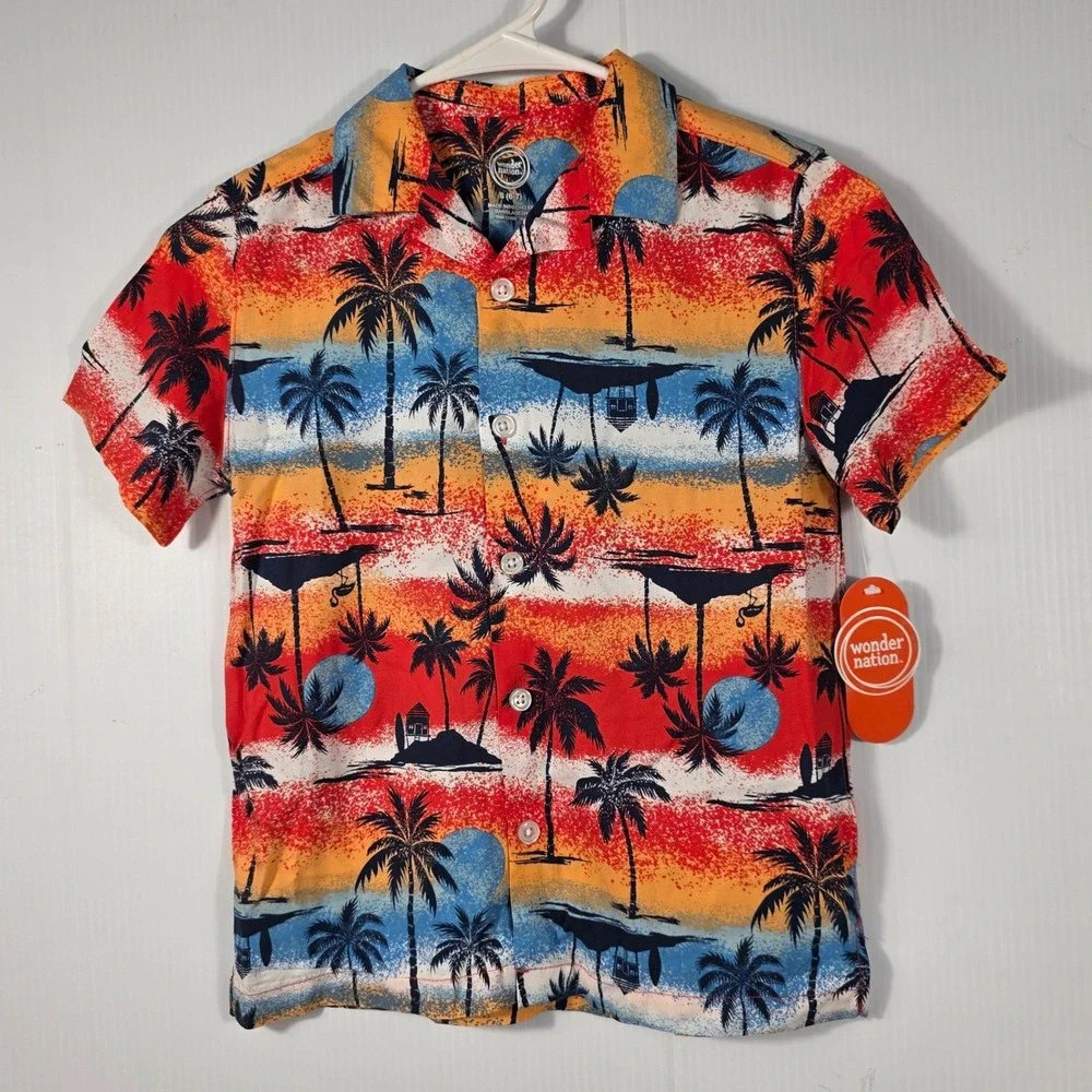 Wonder Nation Boy Short Sleeve Tropical Sunset Palm Tree Button Down Shirt S 6-7